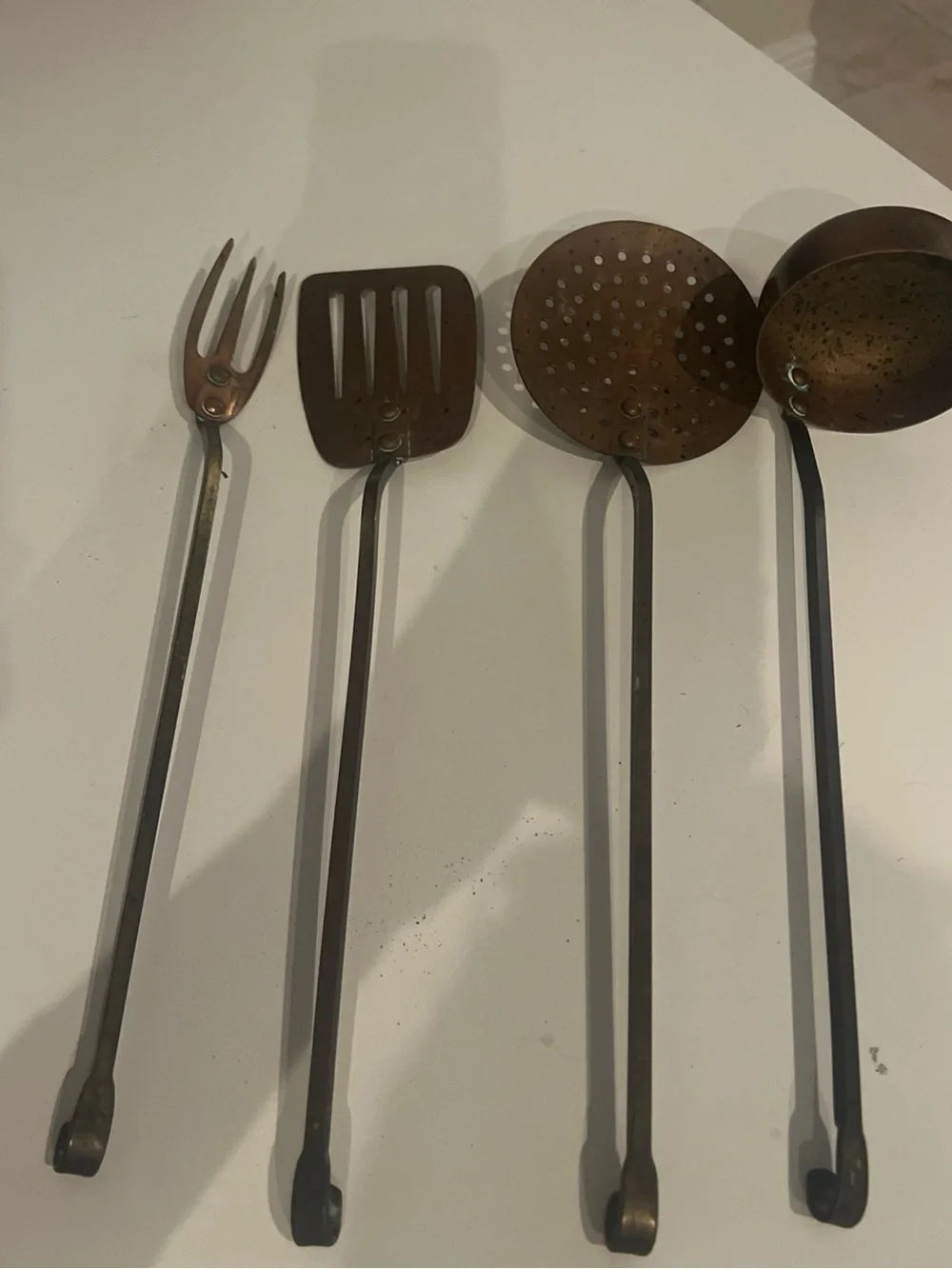 Vintage Brass & Cooper Kitchen Utensils Hanging Set MCM Farmhouse 15”